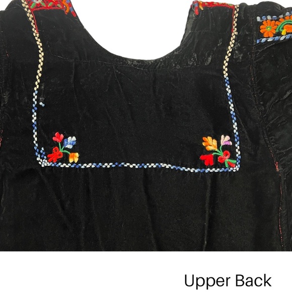 Vintage 60’s Boho Renaissance-Styled Black Velvet Dress Floral Embroidery Panels - Picture 15 of 16